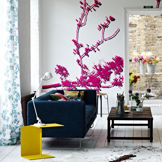 Levande idéer vardagsrum-rosa gul-samtida möbler
