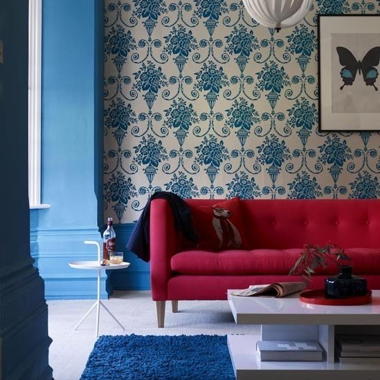 Levande idéer vardagsrum-röd blå-modern klassisk design