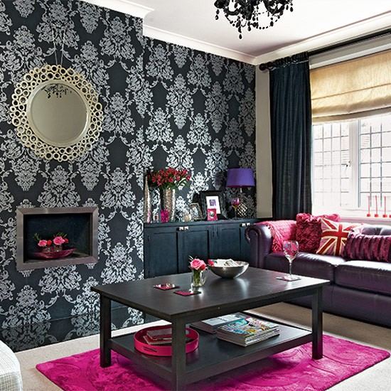 Vardagsrumsidéer vardagsrum-svart mönstrad-rosa modern design