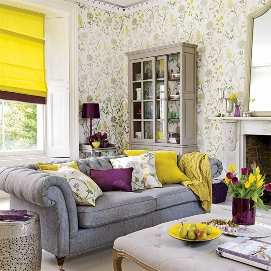 Levande idéer vardagsrum-gul grå-klassisk modern