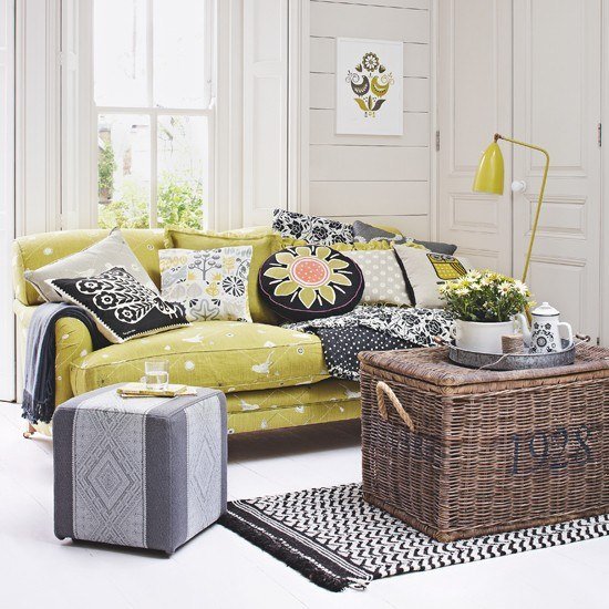 Levande idéer vardagsrum-gul grå-modern klassisk dekoration