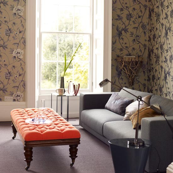 Vardagsidéer-vardagsrum-grå orange modern-mix stil