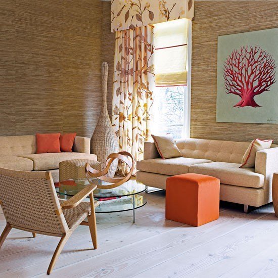 Levande idéer-vardagsrum-orange beige-modern väggdekoration