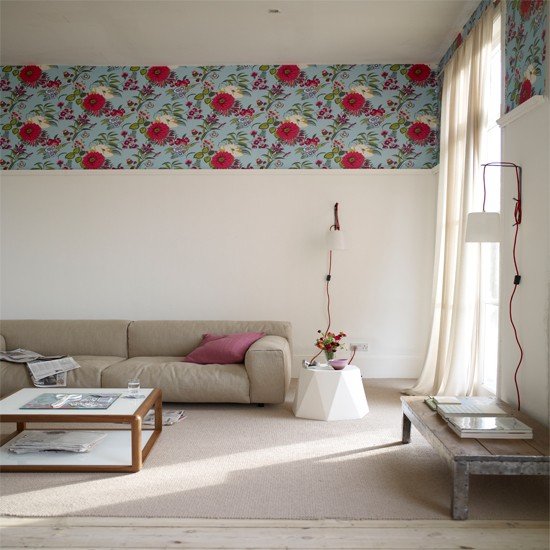 Levande idéer-vardagsrum-vit grå-modern tapet med vintage-mix