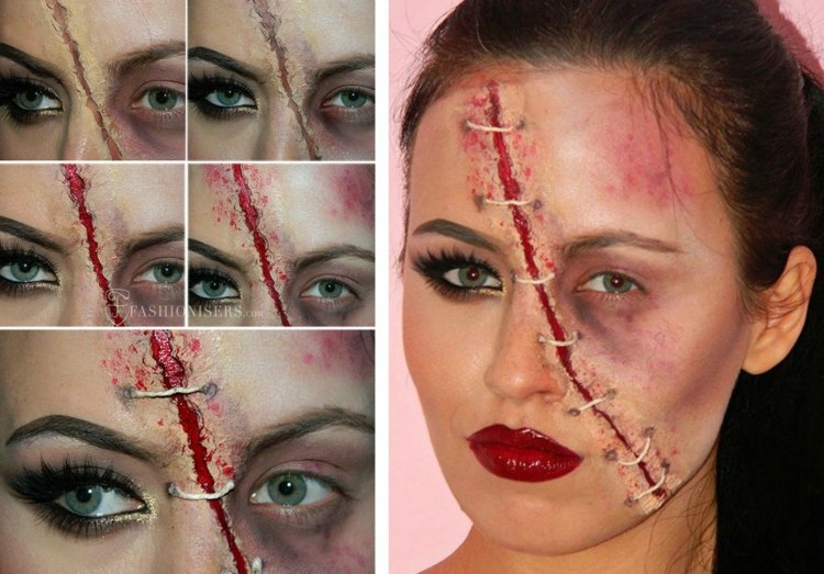 halloween ansikten sminkar damer ser zombie sår 3d effekt
