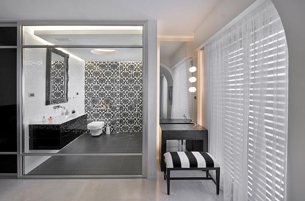 Badrum minimalistiska designidéer modern färgschema soffa zebra korsning kombinationer interiör
