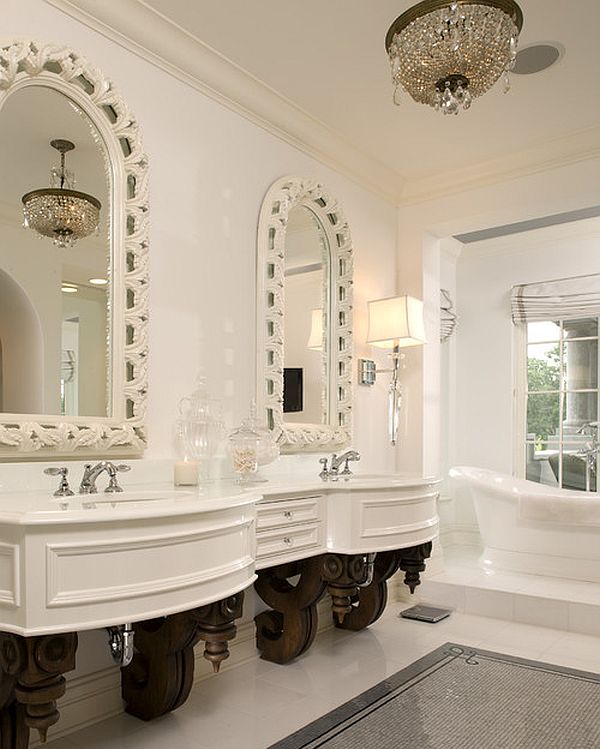 badrum klassiskt original handfat trä dubbla handfat badkar golvplattor blank spegel