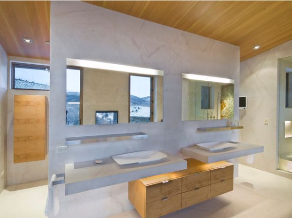 badrum moderna snygga färgschema spegel belysning hyllor trä ljusa tvättställ färg accent dekorativa element
