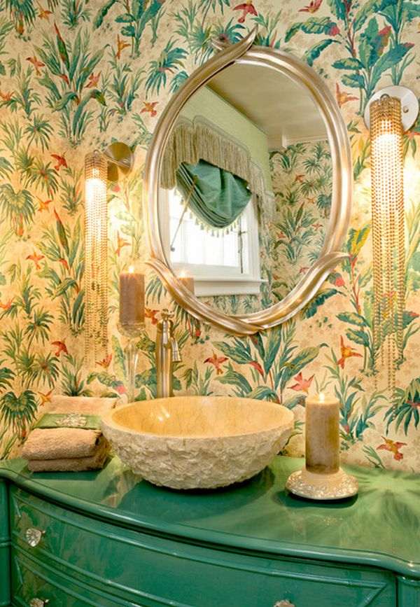 badrum modernt underskåp färgschema tvättställ fristående spegel väggklistermärke färg accenter dekorativa element