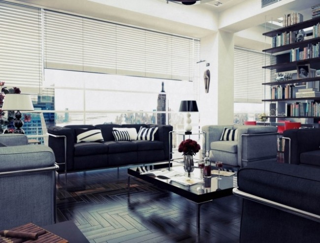 Idéer för vardagsrum stoppade möbler metallram kudde persienner design svart vit