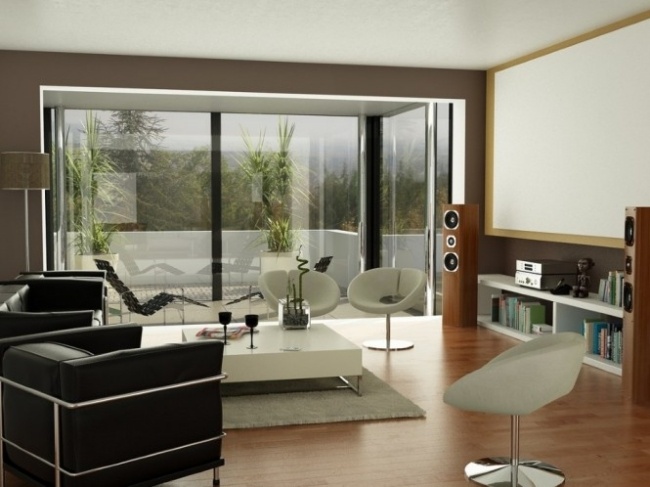 Lägenhet möbler balkong svart vitt trägolv hemmabio glas