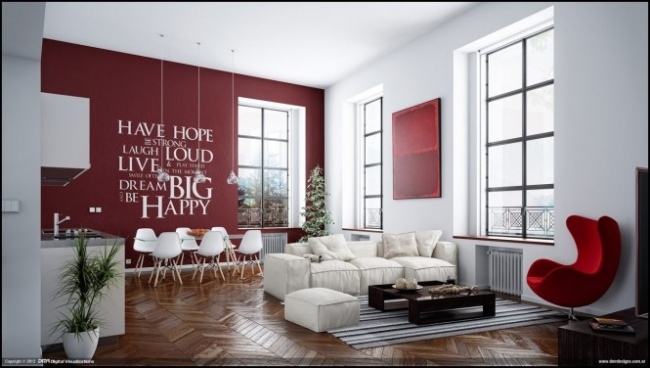 Färgschema vardagsrum rött vitt klistermärke parkett fåtölj soffbord