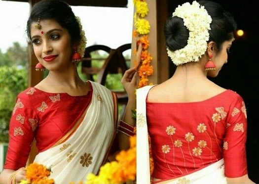 Kerala Saree με κόκκινη μπλούζα