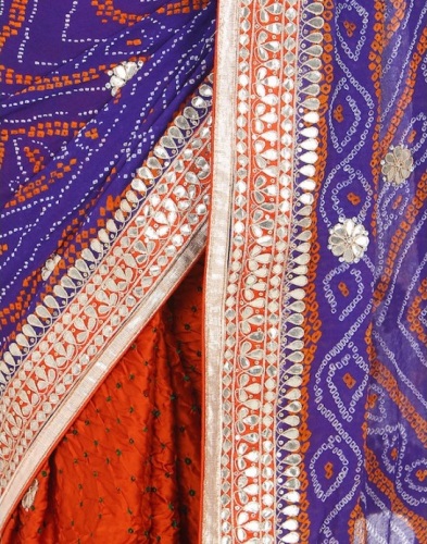 Bandhani Sarees-Orange-Blue Bandhani Saree With Mirror Works