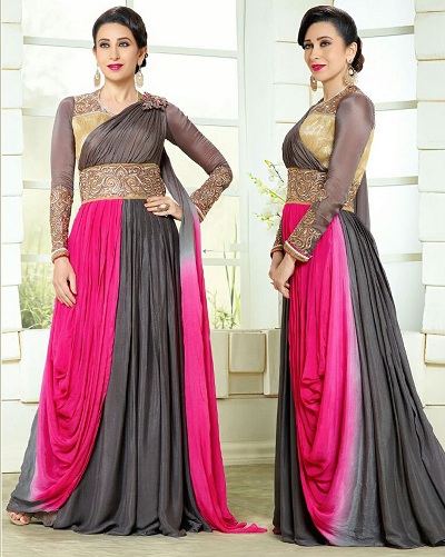 Ροζ και γκρι Anarkali με Saree Style Drape