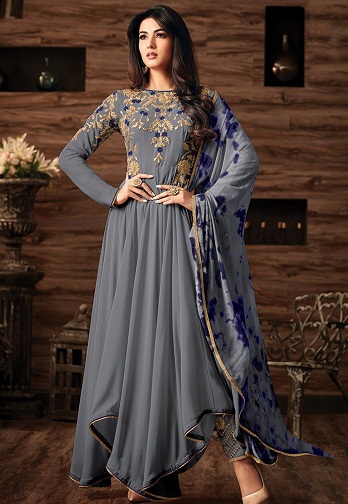 Ανοιχτό γκρι και μπλε κεντημένο κοστούμι Anarkali