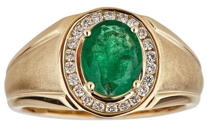 Kultainen 1/3ct TDW timantti ja soikea leikkaus Sambian smaragdirengas miehille