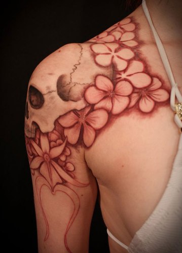 Floral Shoulder Skull Tattoo Design for Girls