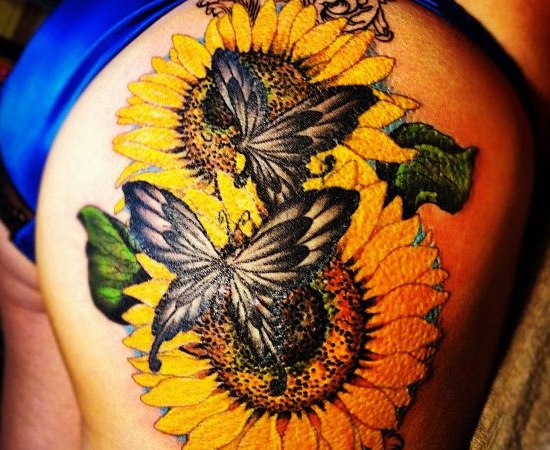 Auringonkukkia ja perhosia