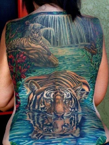 Sininen väri koko selkä Tiger Tattoo