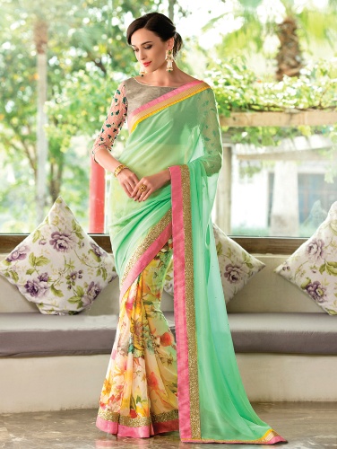 Mint And Cream Floral Printed Saree