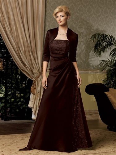 Σοκολάτα Χρώμα Σατέν Μακρύ Φόρεμα με Παλτό