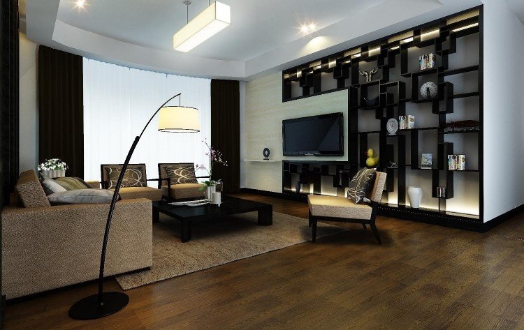 Dekorationsidéer för vardagsrummet -svarta-vägg-hyllor-system-dekorativa-led-bakgrundsbelysning