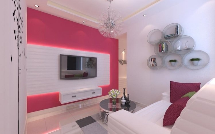 dekorationsidéer-vardagsrum-rosa-accent-vägg-led-belysning-tv-väggpaneler