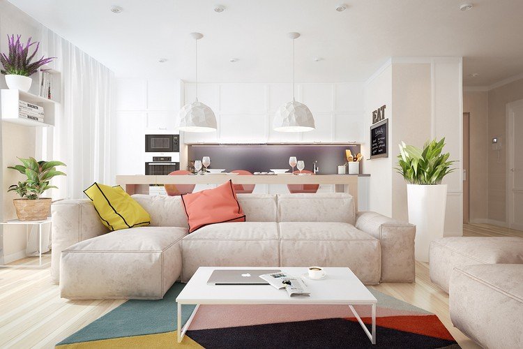 dekorationsidéer-vardagsrum-grädde-soffa-vitt-soffbord-matta-färgglada-geometriska