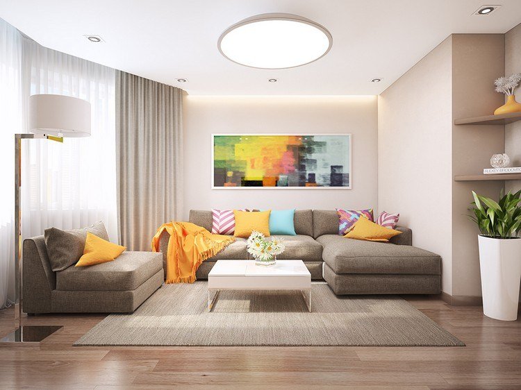 dekoration-idéer-vardagsrum-grädde-vägg-färg-brun-soffa-gul-accenter-kudde-väggmålning
