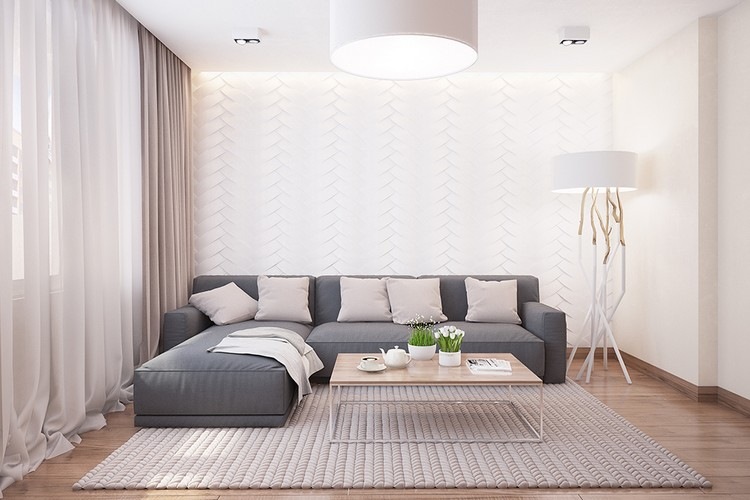 dekorationsidéer-vardagsrum-grå-hörn-soffa-vita-väggpaneler-fiskbensmönster-led-takbelysning