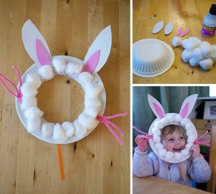 Hantverk till påsk med ett barn - kaninmask av pappersplåtring och bomullsull
