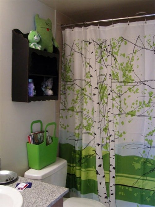idéer för gardiner badrum träd grönt