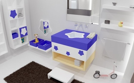 Barn badrum fluffig matta-söt handfat blå vit