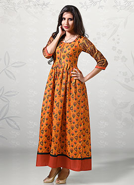 Orange Cotton Ethnic Wear Anarkali Kurti