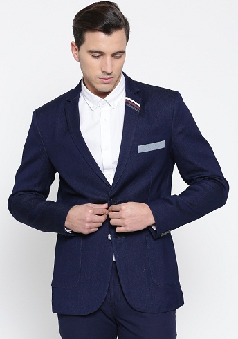 Navy Single-Breasted Structured Fit Denim Casual Blazer