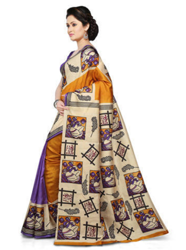 Keltainen ja violetti lohko painettu Tussar Silk Saree