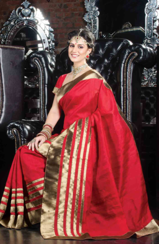 Red Tussar Silk με λαμπερό χρυσό μπορντούρα Saree