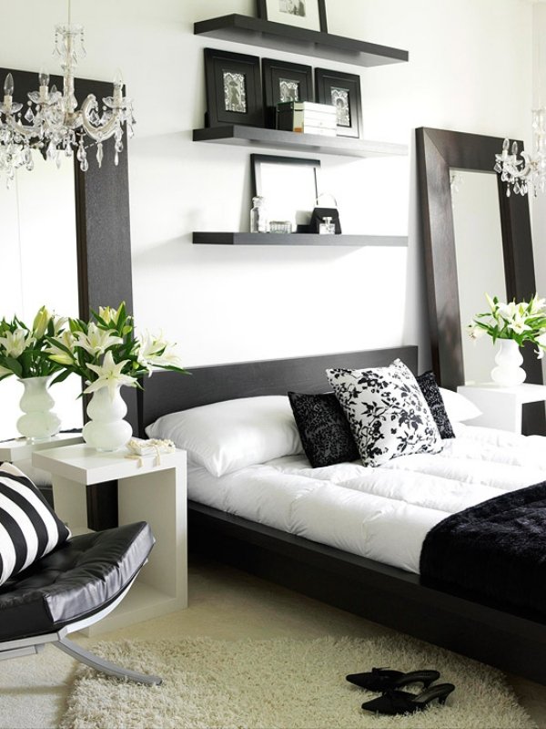 kristallkrona modernt designer sovrum i svart och vitt