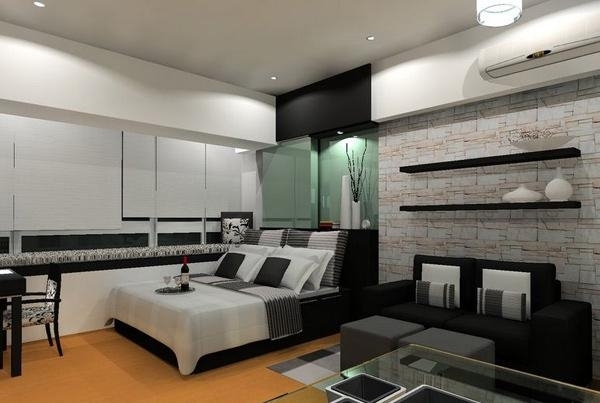 väggdekor sten moderna sovrum design i svart och vitt