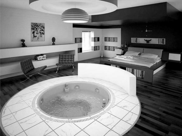 jacuzzi runt modernt designer sovrum i svart och vitt
