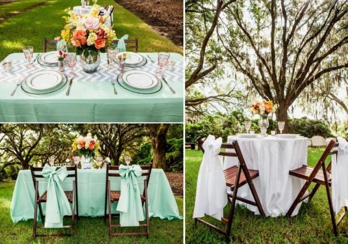 Dekorations-idéer-vår-bröllop-trädgård-bord-bukett-rosetter