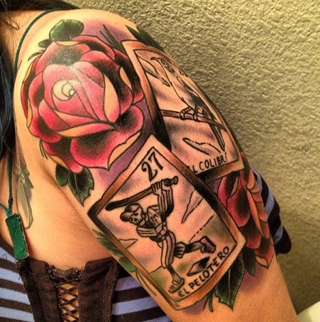 Τατουάζ κάρτας με σχέδιο τατουάζ χρωματιστό τριαντάφυλλο