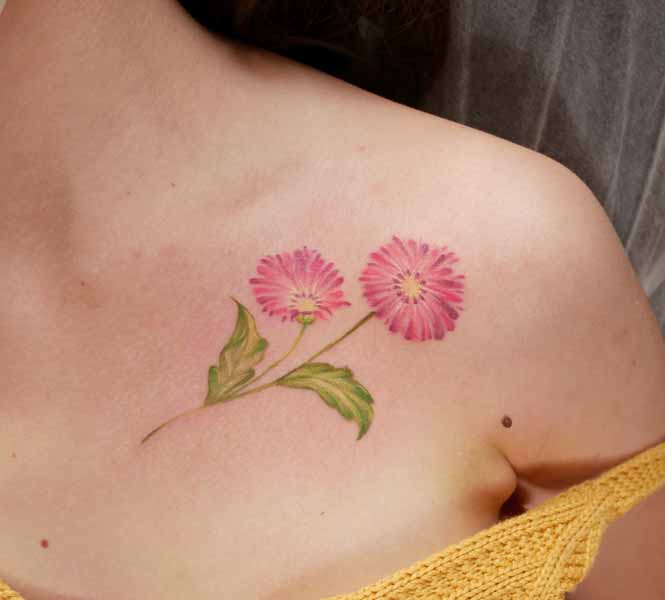 Pieni gerbera päivänkakkara tatuointi rinnassa