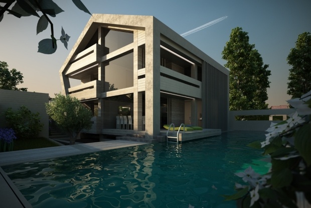 modern-betong-hus-utomhus-pool-överflöd-pool-sekretessskydd-häck växter