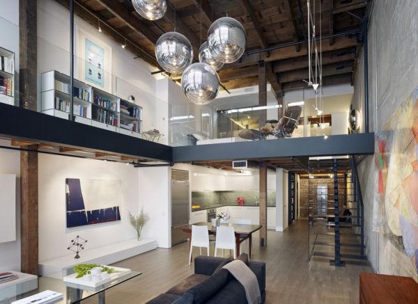 Höga rum-loft stil idéer möbler-glas räcke design lägenhet