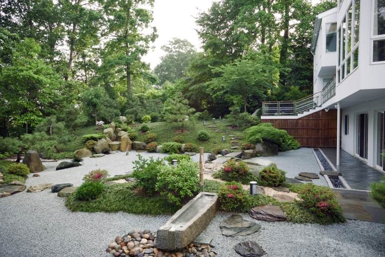japansk-trädgård-design-landskapsarkitektur-grus-buskar-flodstenar-vatten-hus