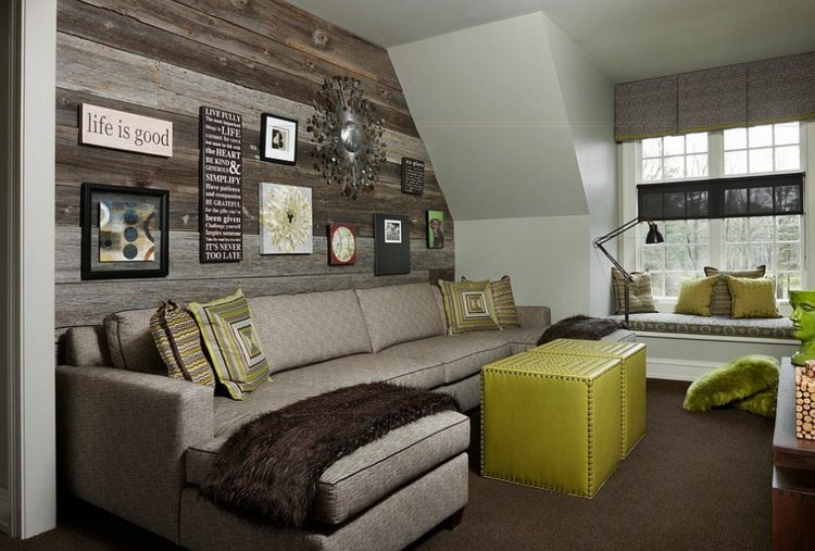 vägglaminat designidé rustik soffa barnrum grön grå