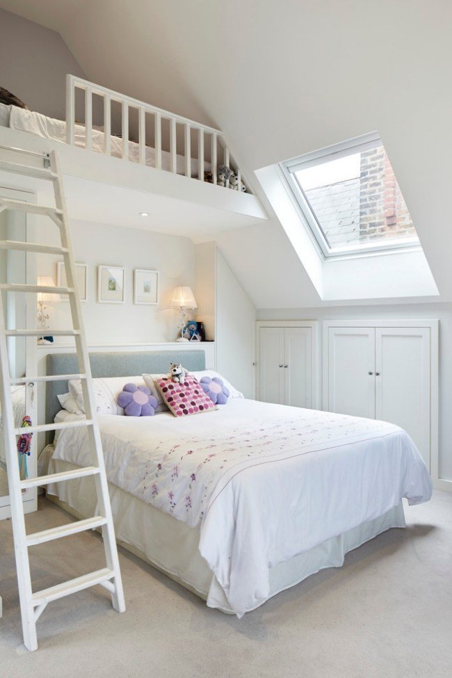 litet-barnrum-med-sluttande tak-vit-vägg-måla-loft säng