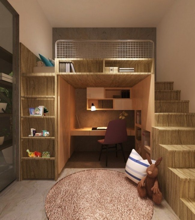 platsbesparande idéer-barnrum-loft säng-skrivbord-trätrappor